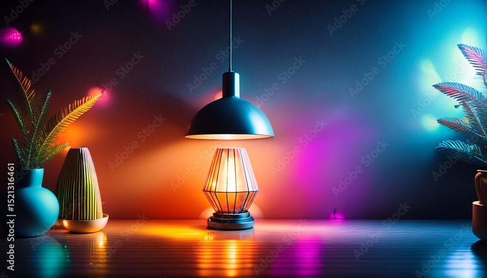 Poster abstract colorful lights and a lamp in a dark room create a cozy and relaxing atmosphere