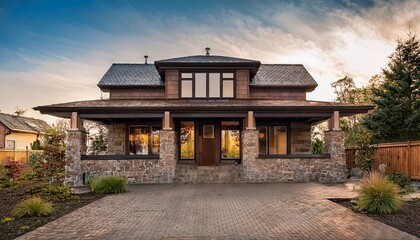 Obraz premium a bungalow house with a stone facade large windows and a charming front porch