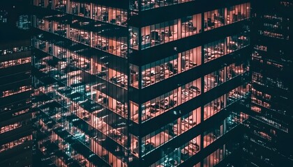 Illuminated office building at night.