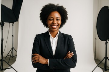 Confident professional woman posing in studio with neutral backdrop during business photoshoot