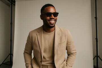 Obraz premium Stylish man wearing sunglasses and a beige suit poses confidently in a modern studio setting with neutral backdrop