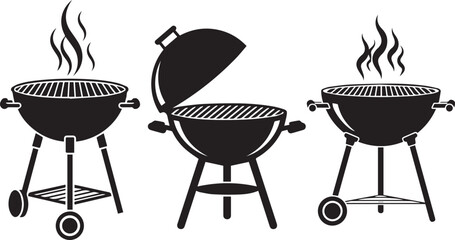 Black and white vector illustration of bbq grills for grilling and cooking outdoors summertime fun