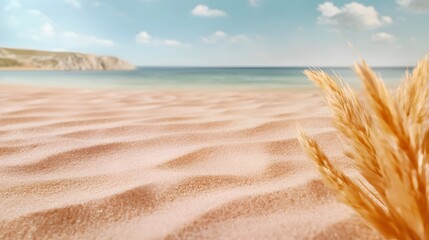 A scenic beach scene with soft sand and pampas grass offers ample copy space for text perfect for summer travel brochures or website banners showcasing tranquil beach vibes.
