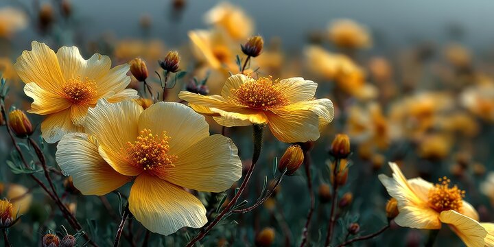 Bright yellow flowers bloom in a serene garden under soft morning light
