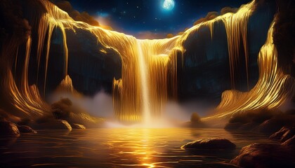 golden waterfall of dreams a surreal night scene