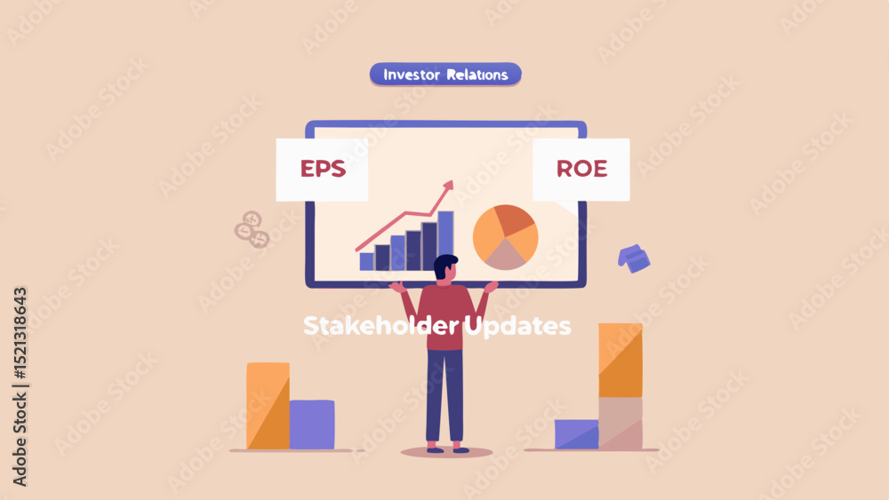 Aufkleber man presenting eps and roe data with bar and pie charts for investor relations and stakeholder updat