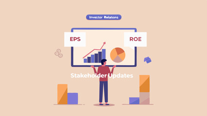 Man presenting eps and roe data with bar and pie charts for investor relations and stakeholder updates