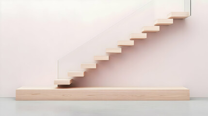 Modern Wooden Stairs Against Light Pink Wall