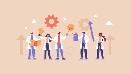 Illustration of team of scientists with gears lightbulb and upward arrows in a light background