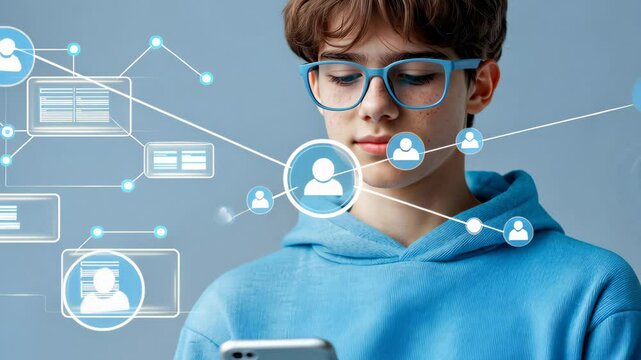 Teen boy in blue hoodie and glasses using smartphone with digital social network interface overlay. Concept of online communication, social media, and digital generation