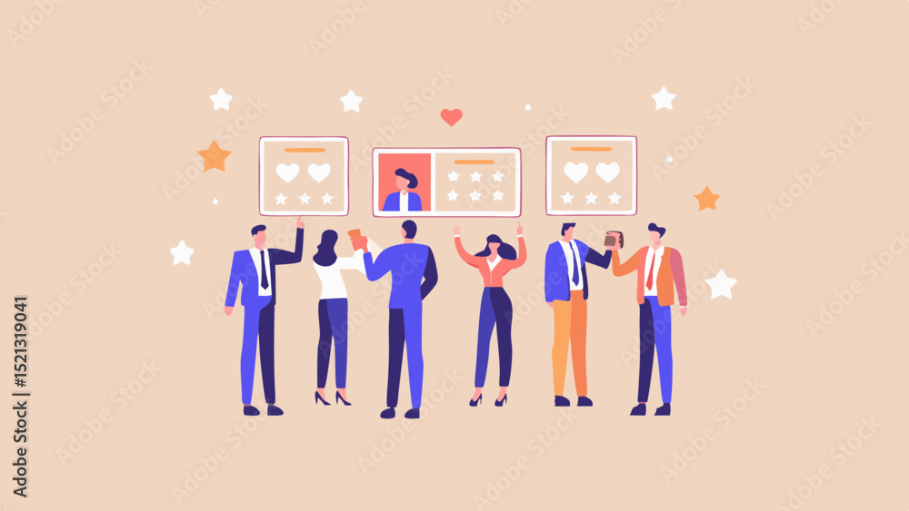 Poster illustration of people standing below user interface elements with hearts and stars displayed above 