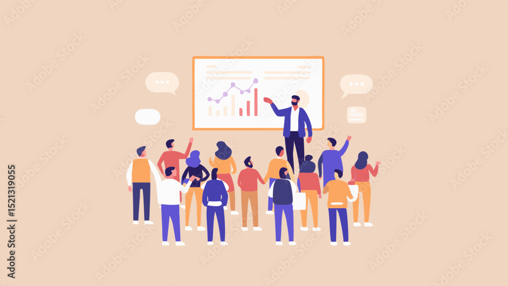 Poster illustration of a presentation with a speaker and an audience looking at a chart on a whiteboard