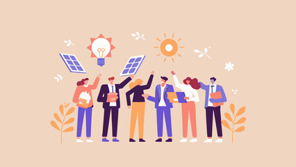 Group of people standing with solar panels and lightbulb symbolizing renewable energy and teamwork together