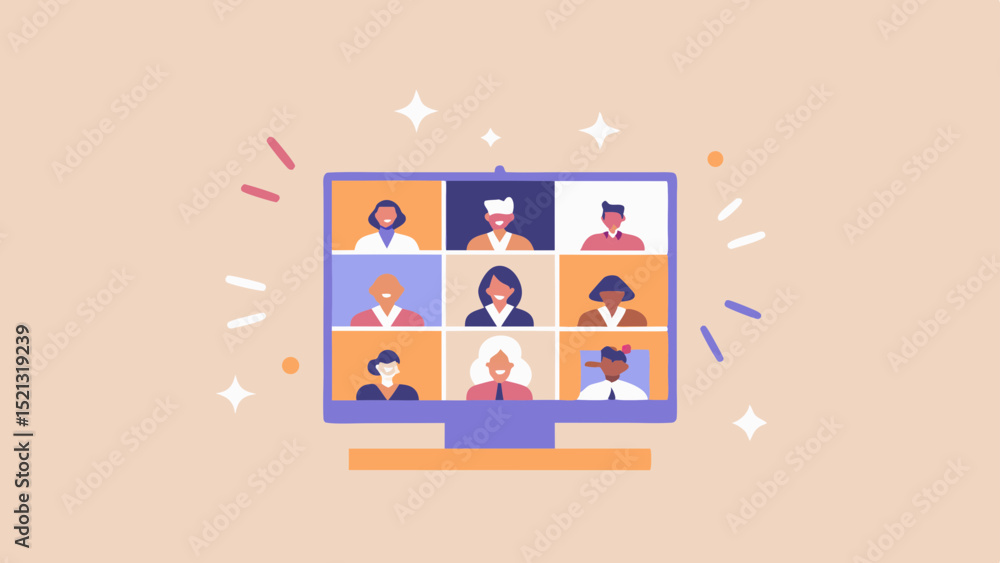 Poster online meeting on computer screen with nine diverse participants in a virtual conference call settin