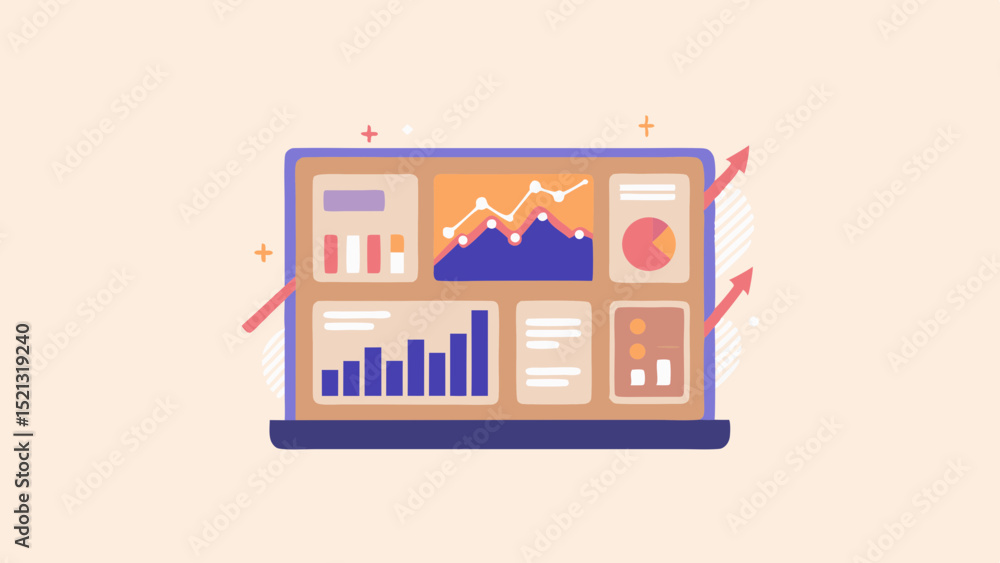 Poster illustration of a laptop displaying various data charts and graphs with upward trending arrows