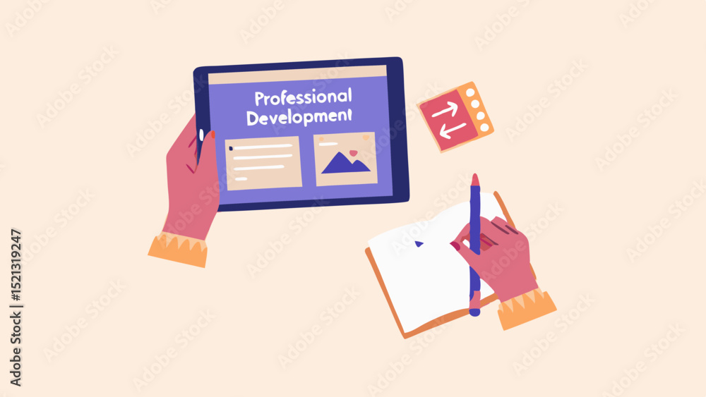 Poster person using a tablet with professional development content and taking notes in a notebook on desk