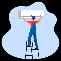 HVAC technician installing air conditioner, AC repair service concept, vector illustration