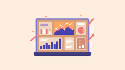 Illustration of a laptop displaying various data charts and graphs with upward trending arrows