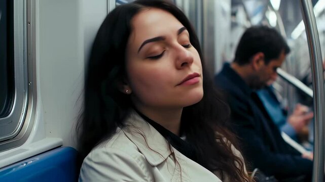 Peaceful subway nap: woman dozing off amidst urban commute