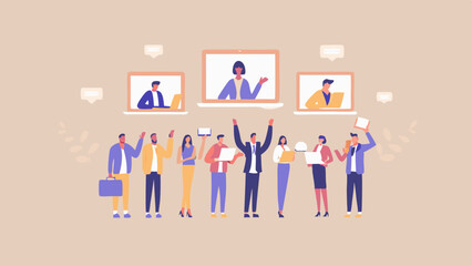 Virtual meeting with diverse team members communicating via laptops and celebrating success together online