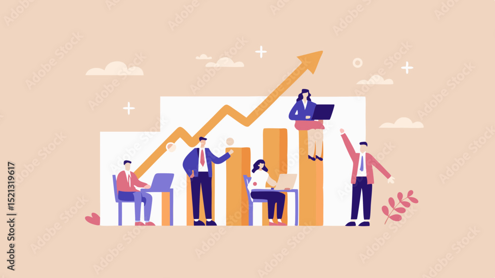 Poster team working on growth chart with upward arrow and bar graph in a business setting illustration