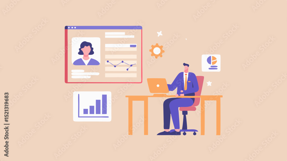 Poster illustration of a businessman working at a desk with data charts and a profile window open on screen