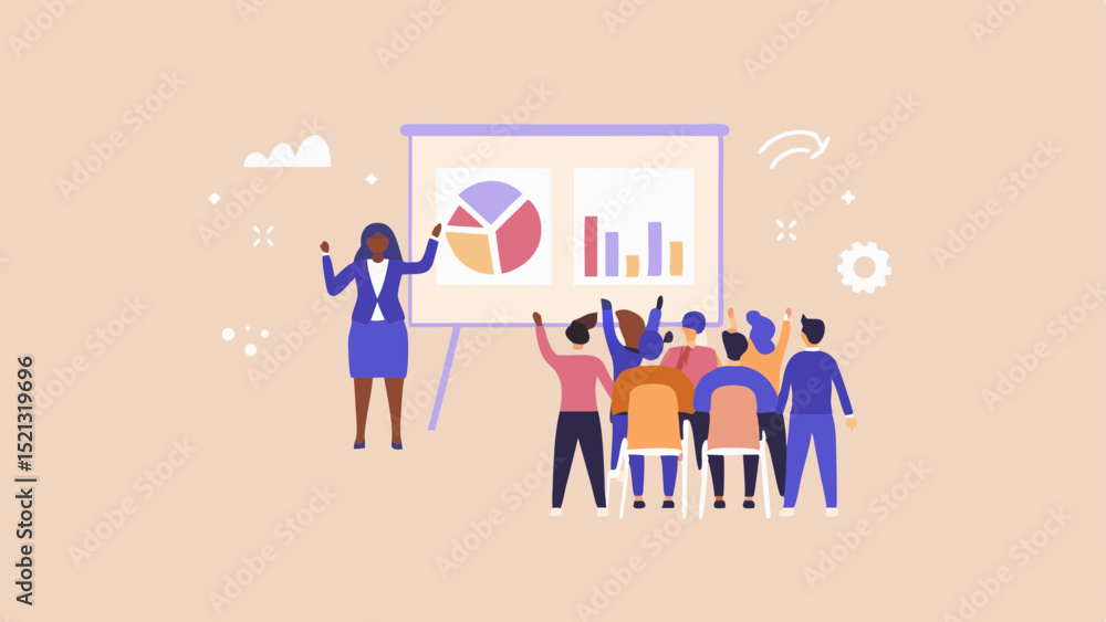 Poster a presenter giving a presentation to a group of people with graphs and charts on a whiteboard screen