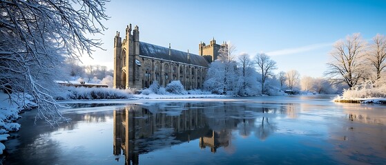 Fototapeta premium Magnificent gothic church and frost covered landscape reflected in a frozen lake under a clear winter sky