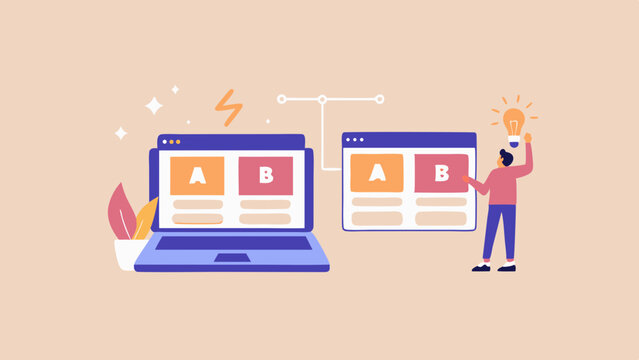 Illustration of a b testing concept with laptop screens and a person holding a lightbulb up high