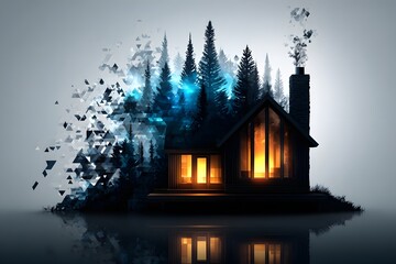 Mystische Waldhütte mit leuchtendem Fenster und digitaler Fragmentierung
