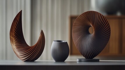 Abstract wooden and ceramic sculptures