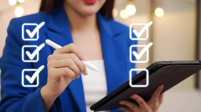 Woman in blue jacket filling out digital checklist on a tablet for project management