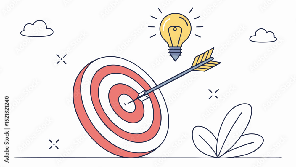 Poster illustration showing an arrow hitting the center of a target with a lightbulb and clouds in the back