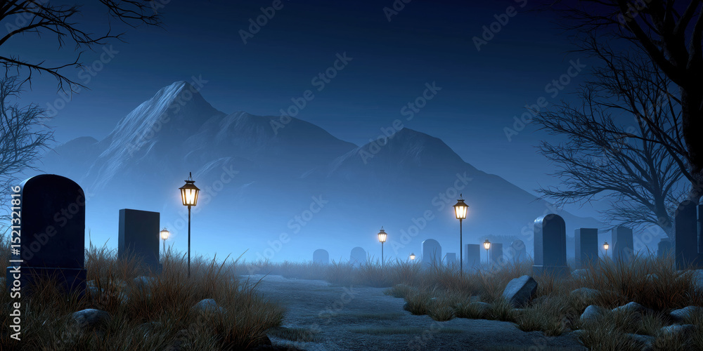 Aufkleber a graveyard with a path leading to it. the path is lit by lanterns and the sky is dark