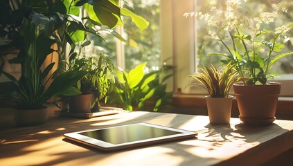 Fototapeta premium Sunlit workspace with tablet and houseplants