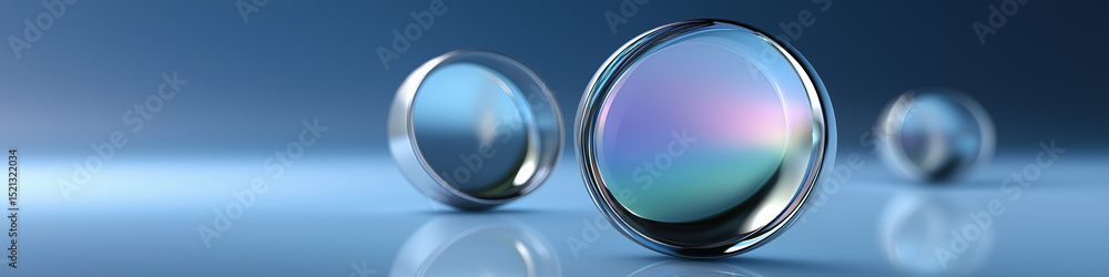 Aufkleber three shiny, reflective spheres are arranged on a blue background. the spheres are of different size