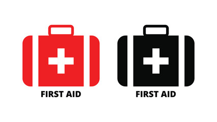First aid kit icon set isolated on a white background, red and black emergency medical suitcase with cross symbol, healthcare and hospital supply flat vector illustration for apps and websites