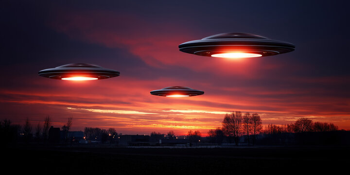 Three UFOs are flying in the sky at sunset. The sky is orange and the sun is setting