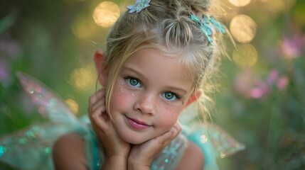 Fototapeta premium Young girl with fairy wings enjoying a magical moment in a garden during golden hour