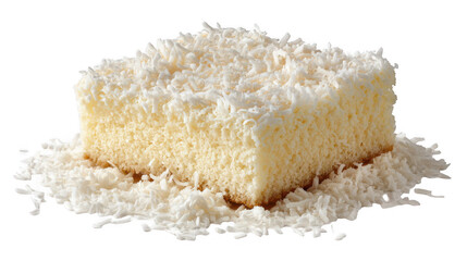 Single slice of fresh coconut cake resting on a bed of shredded coconut with a transparent background, perfect for food blogs, menus, or advertising
