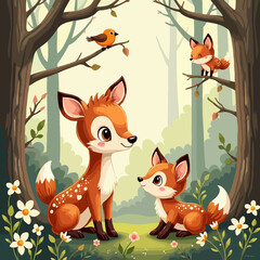 cute cartoon fox and deer - woodland animals illustration