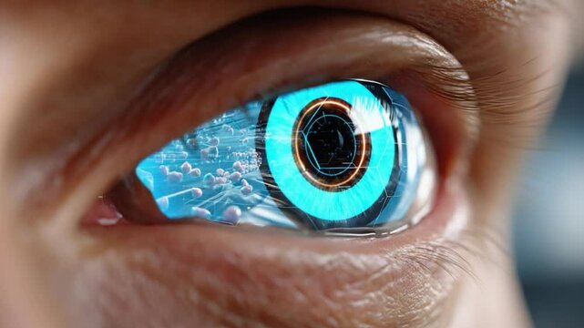 Bionic Vision: A close-up shot of a human eye enhanced with futuristic technology, featuring intricate circuitry and glowing elements, suggesting advanced cybernetic implants.