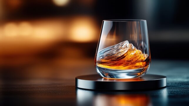 A glass of whiskey showcasing elegant swirling ice sits upon a sleek dark surface, highlighting sophistication and the rich nature of fine spirits. - Powered by Adobe