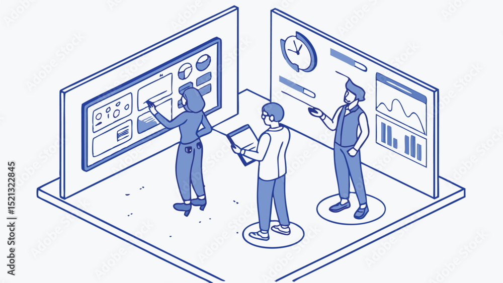 Poster isometric illustration of three people analyzing data on screens in a collaborative environment setu