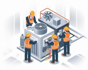 Isometric Illustration of Technicians Servicing Industrial Air Conditioning System