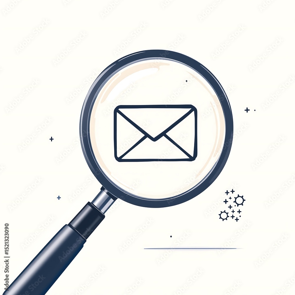 Poster email icon under a magnifying glass on a white background with small pluses and circles scattered ar