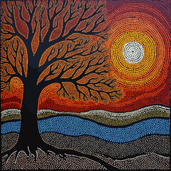 aboriginal dot painting landscape art tree sunset