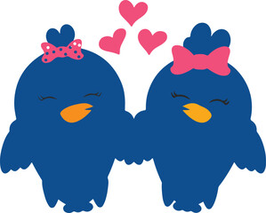 Cute love birds with bows and hearts.