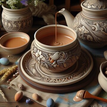 Pottery decorated with liquid clay &ldquo;slip&rdquo;