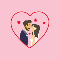 Romantic wedding couple in heart frame.